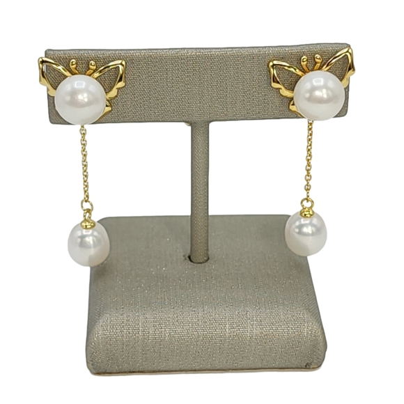 White Cultured Freshwater Pearl Dangle‎ Jacket Butterfly Earrings Gold Plated - Picture 1 of 13